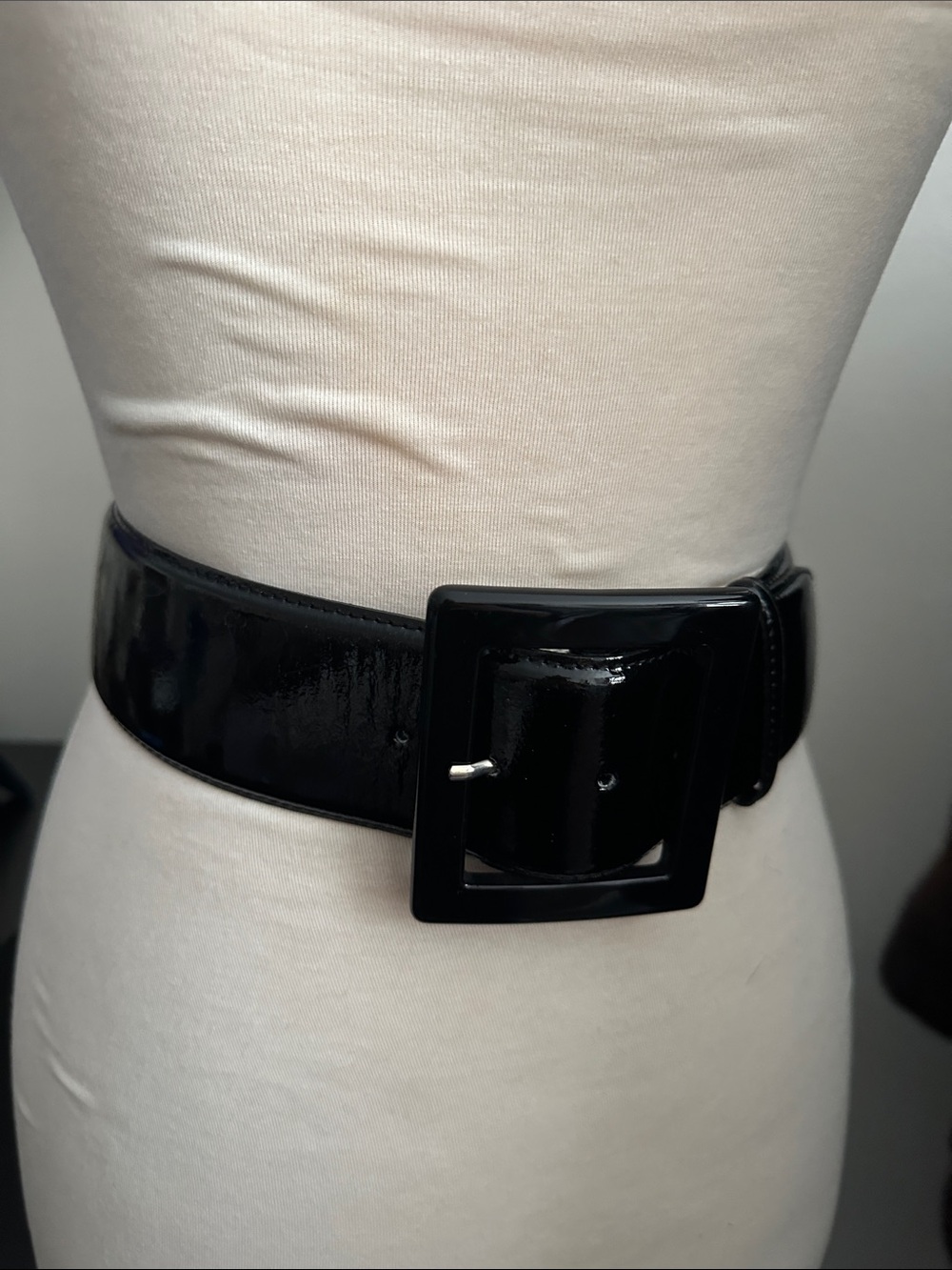 Black Patent Wide Waist women Belt with Square Buckle